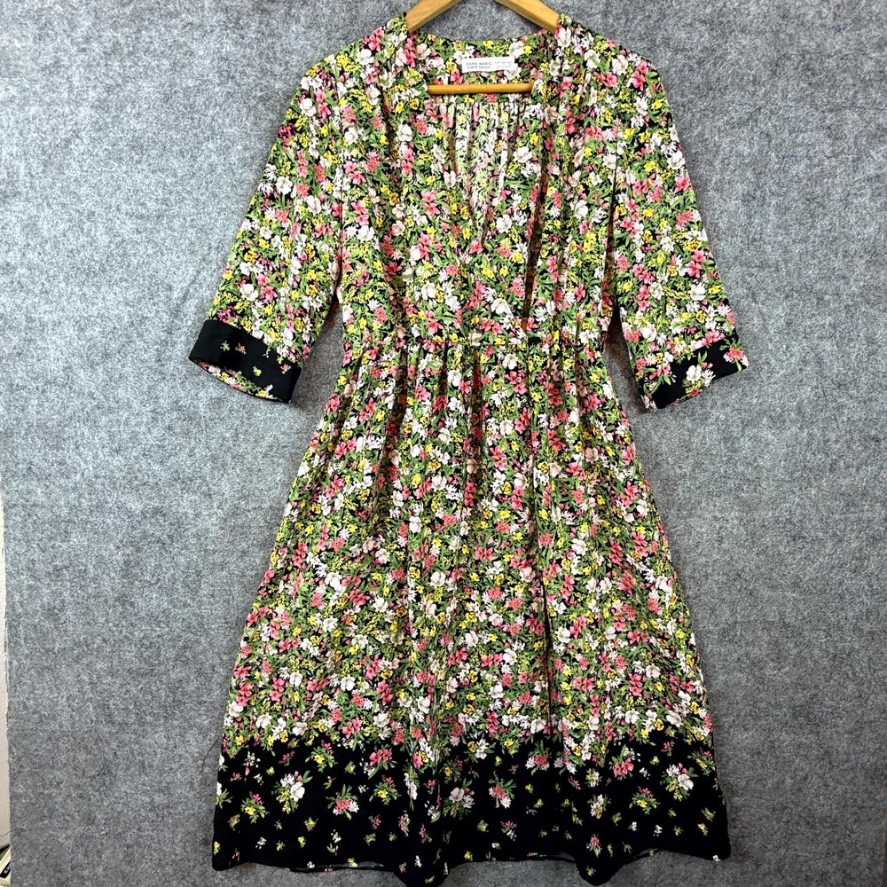 Zara Basic Midi Dress Womens L Multicolor Floral Cottage Pleated Boho 3/4 Sleeve
